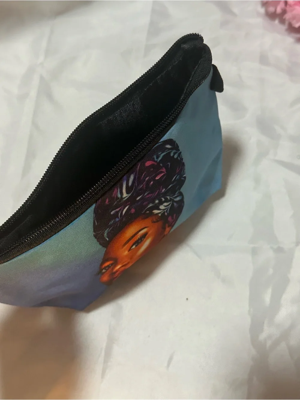 Blue Graphic Cosmetic Pouch with Headwrap Portrait